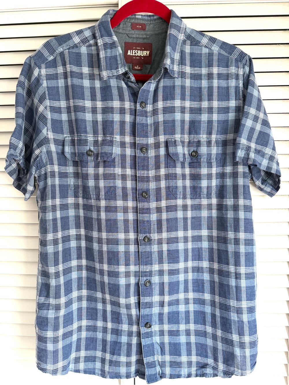 M💙 Alesbury Men’s Linen Cotton Short Sleeve Button Down Lightweight Blue Plaid